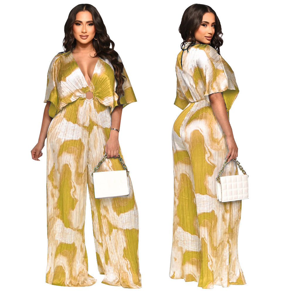V-Neck Pleated Printed Casual Jumpsuit