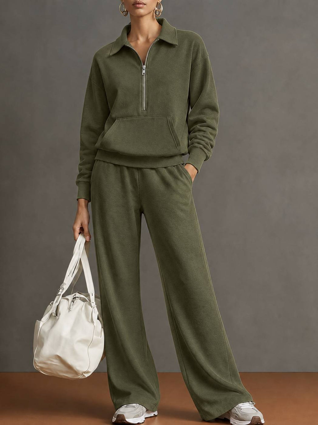 Women Two-Piece Half-Zip Sweatshirt and Wide-Leg Pants Set