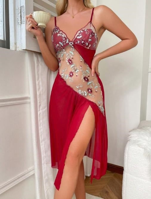 sexy hollow mesh see-through irregular embroidered floral camisole dress