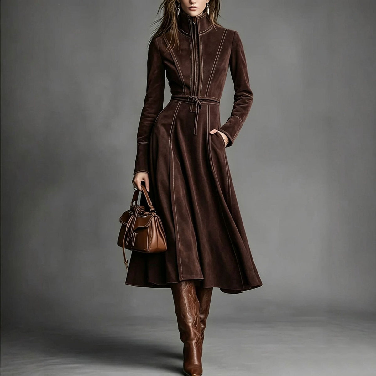 Women's Retro Suede Stand Collar Zipper A-Line Long Dress