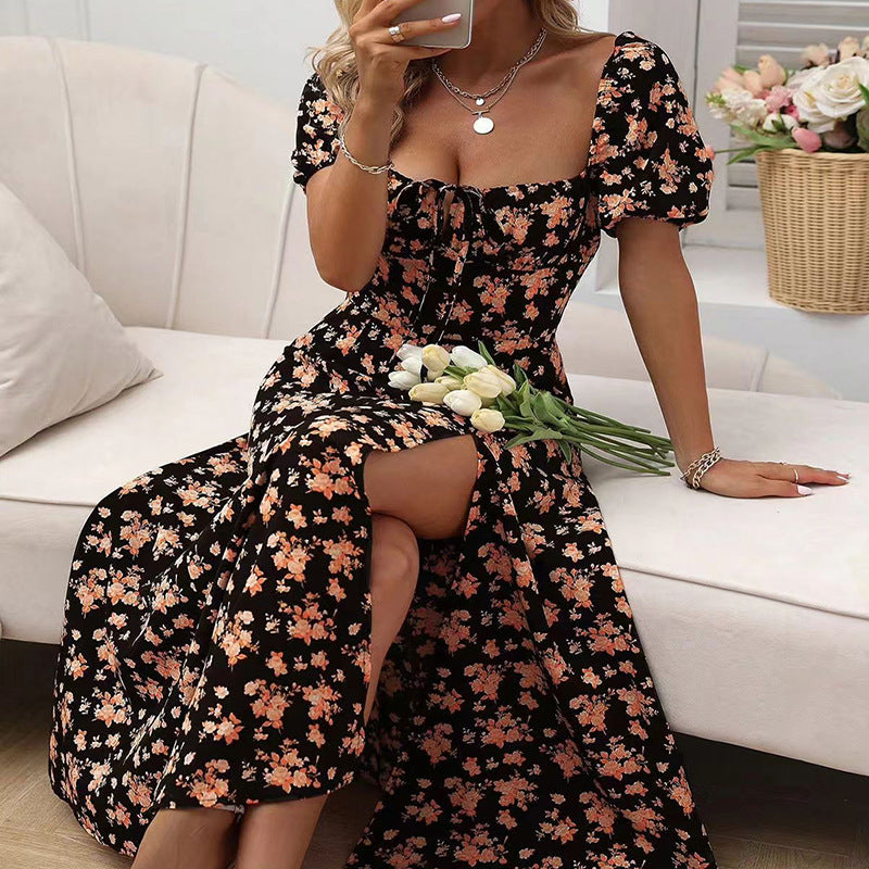 Floral Print Square Neck Slim Dress with Side Slit