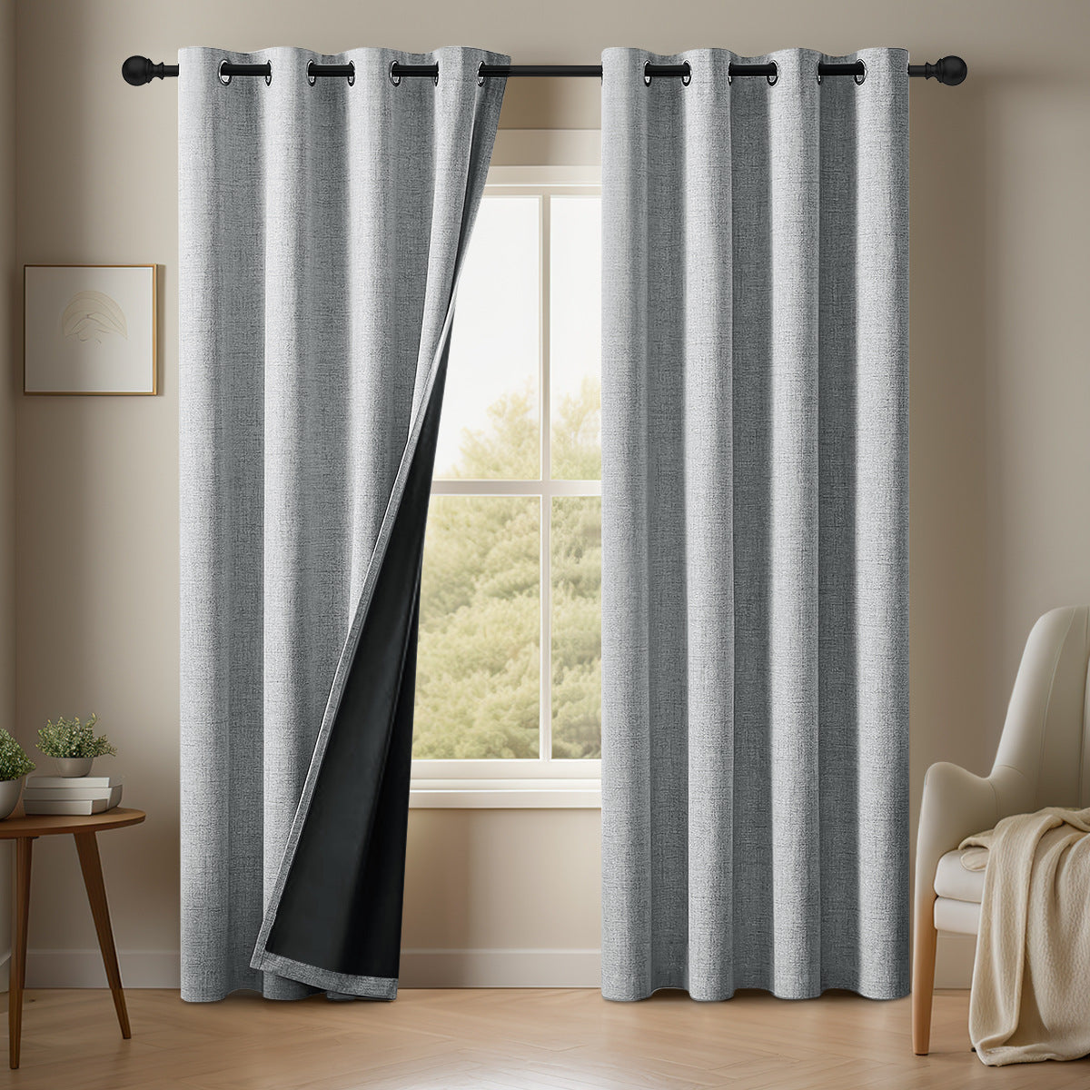 Solid Polyester Full Blackout Curtain with Tie Rope and Grommets