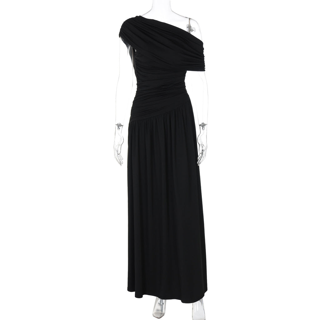 Womens Asymmetrical Neckline Pleated Dress