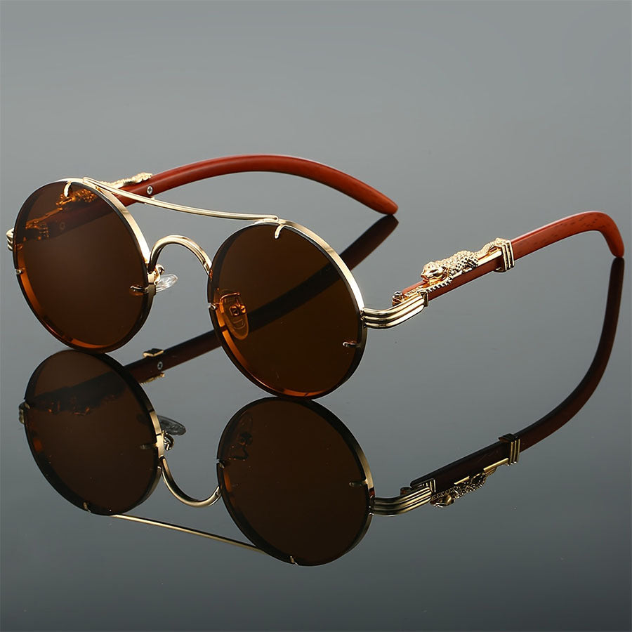 Retro Metal Round Sunglasses with Leopard Head Design