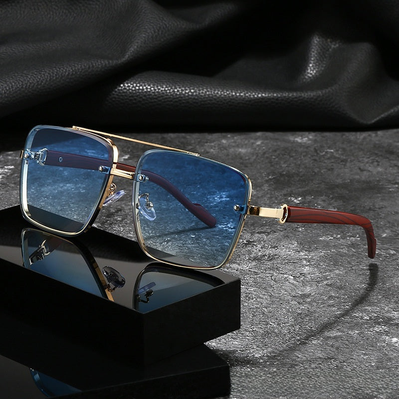 Retro Metal Double Bridge Sunglasses with Wood Grain Legs