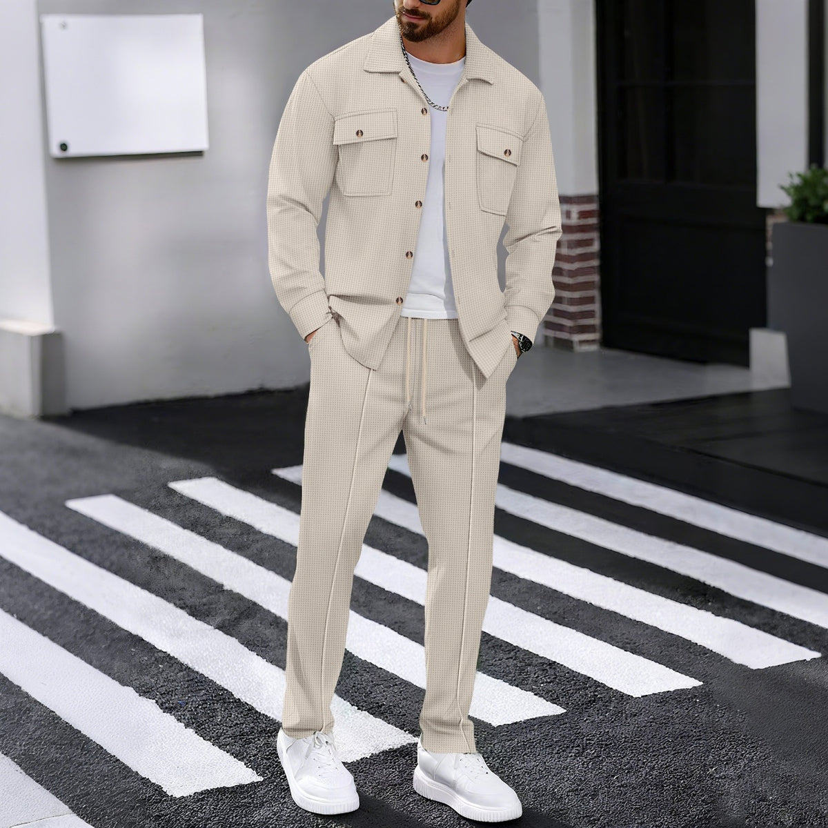Waffle-pattern long-sleeve pants