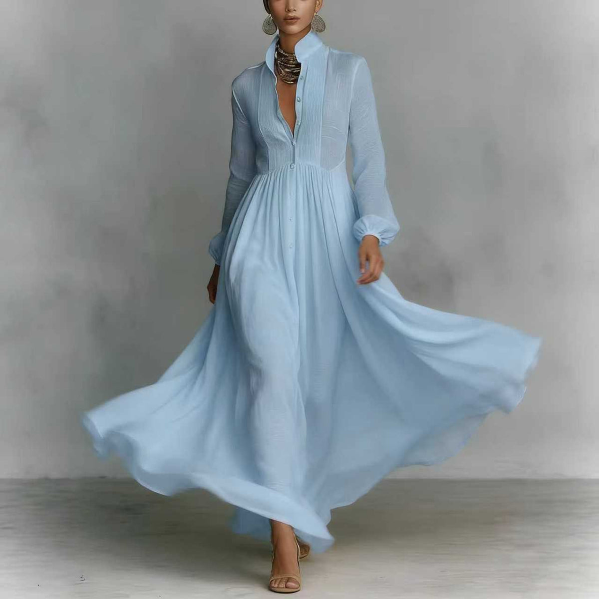 Elegant Slim Fit Pleated Long Sleeve Dress