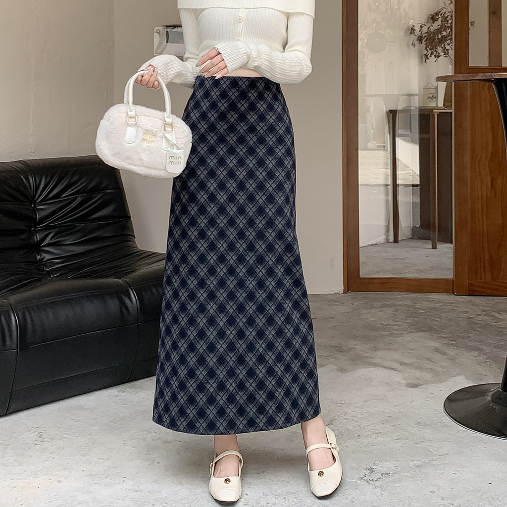 Vintage Plaid High Waist Slit Long Skirt