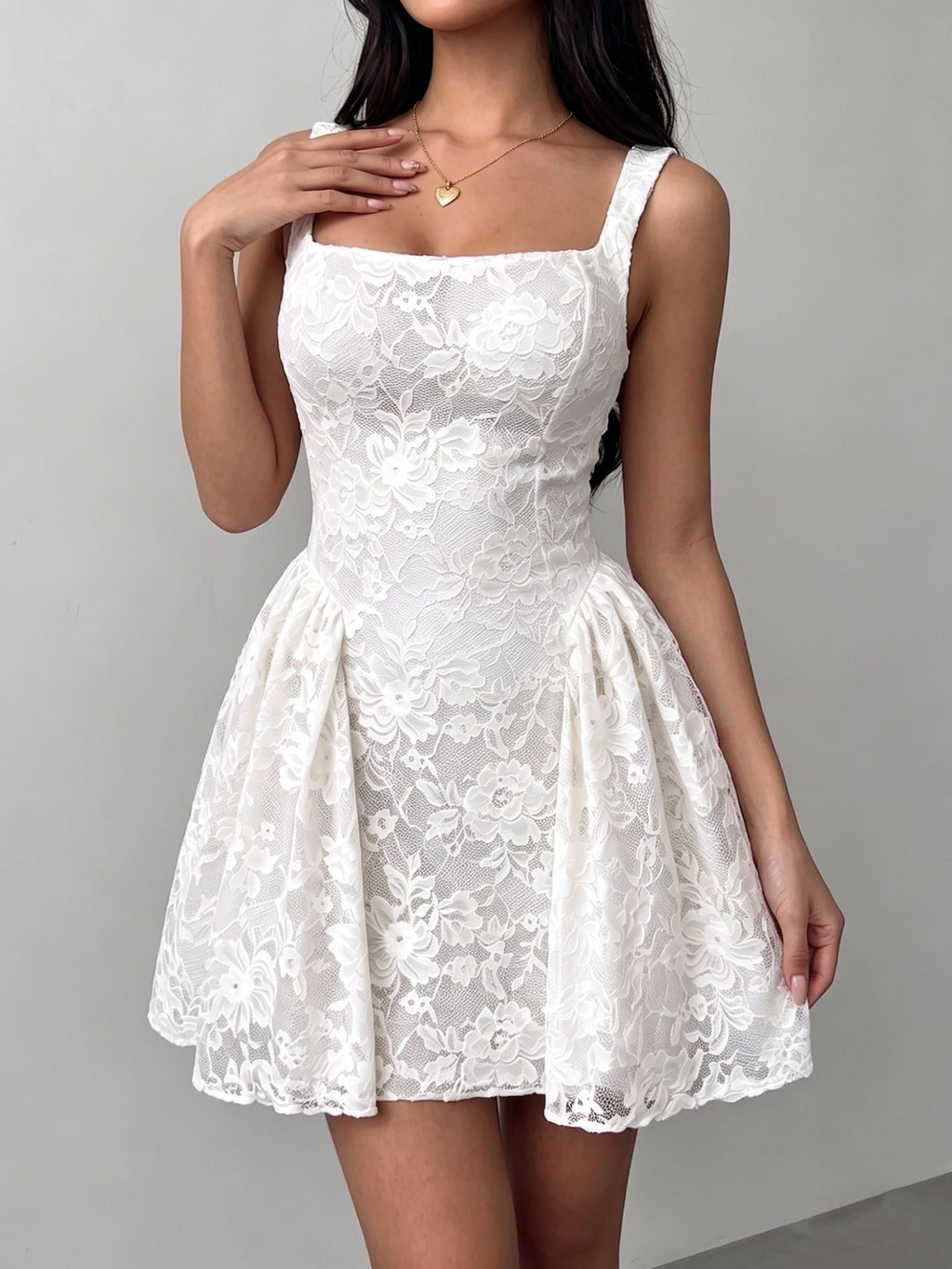 Women Square Neck Lace Dress with Wide Waistband Floral Puff Short Skirt