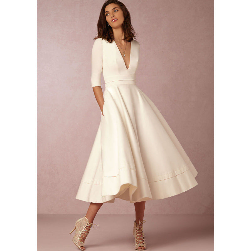 Womens Sexy Deep V Mid Sleeve Solid Color Splicing Swing Dress