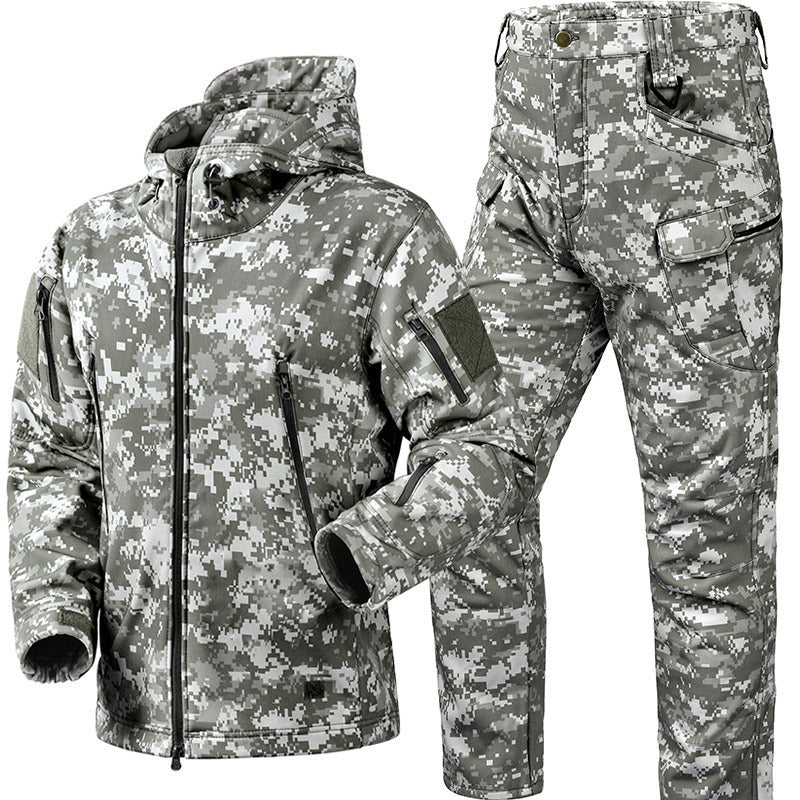 Men's Waterproof Tactical Jacket Set with Fleece Lining Sharkskin Outdoor Hunting Clothing