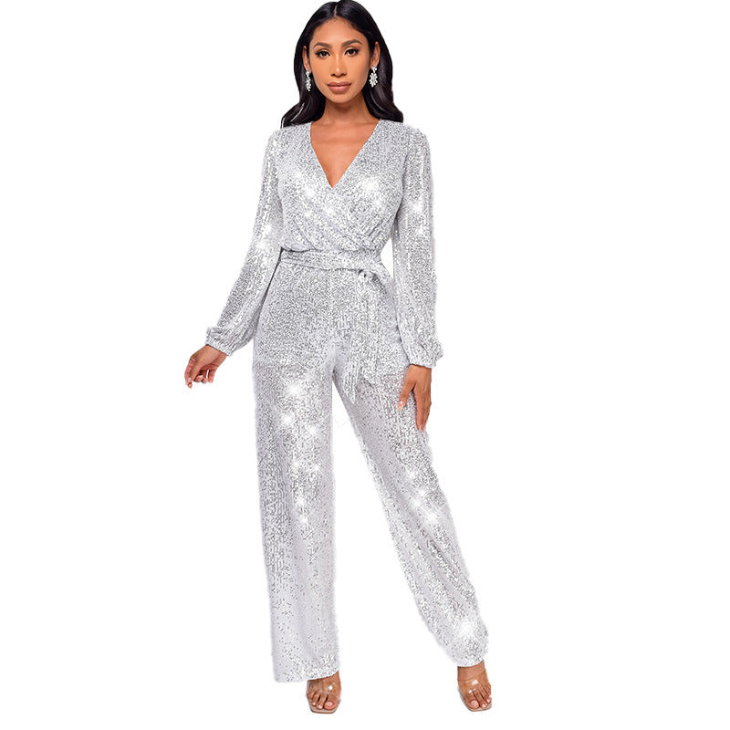 Women's Long Sleeve Deep V Neck Jumpsuit with Sequined Belt