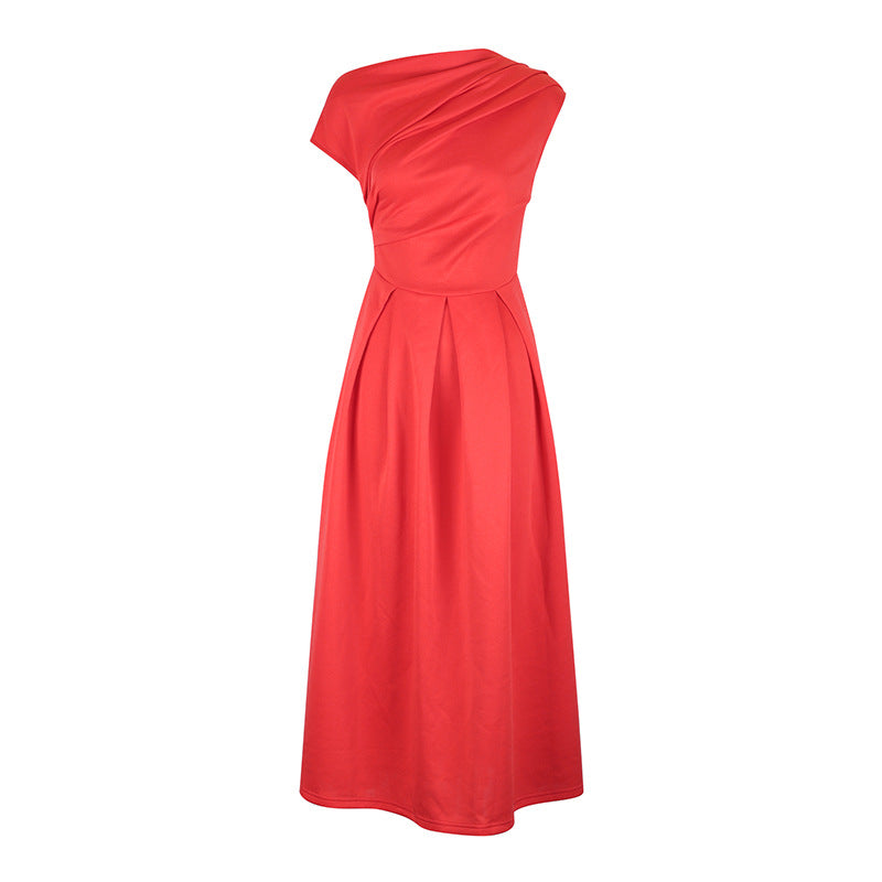 Elegant Diagonal Collar Waist-Cinching Dress