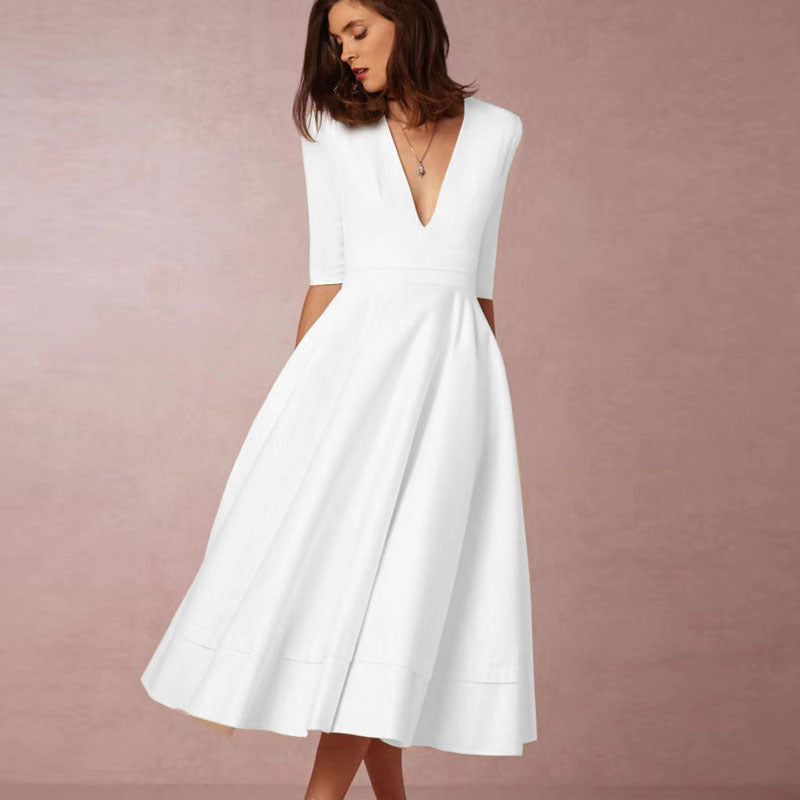 Womens Sexy Deep V Mid Sleeve Solid Color Splicing Swing Dress