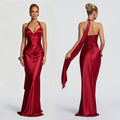 Fashion Elegant Satin Halter Neck Ribbon Backless Cross-Tie Floor-Length Fishtail Gown Dress