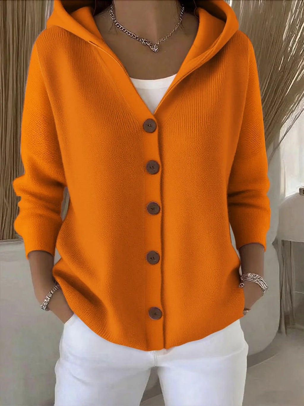 Women's Hooded Knitted Cardigan Solid Color Casual Fashion Sweater Jacket