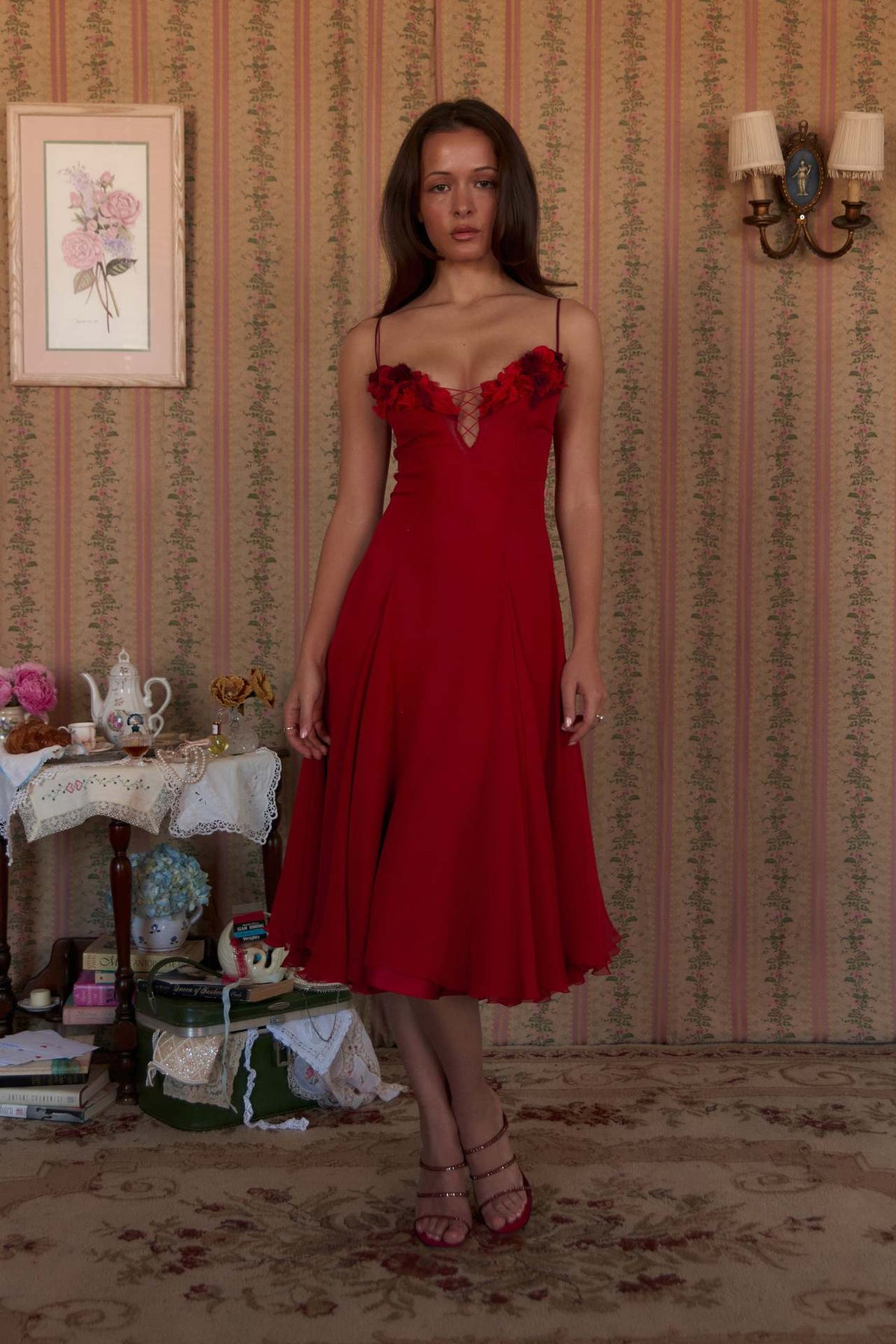 Floral Lace-up Evening Dress with Deep V-Neck