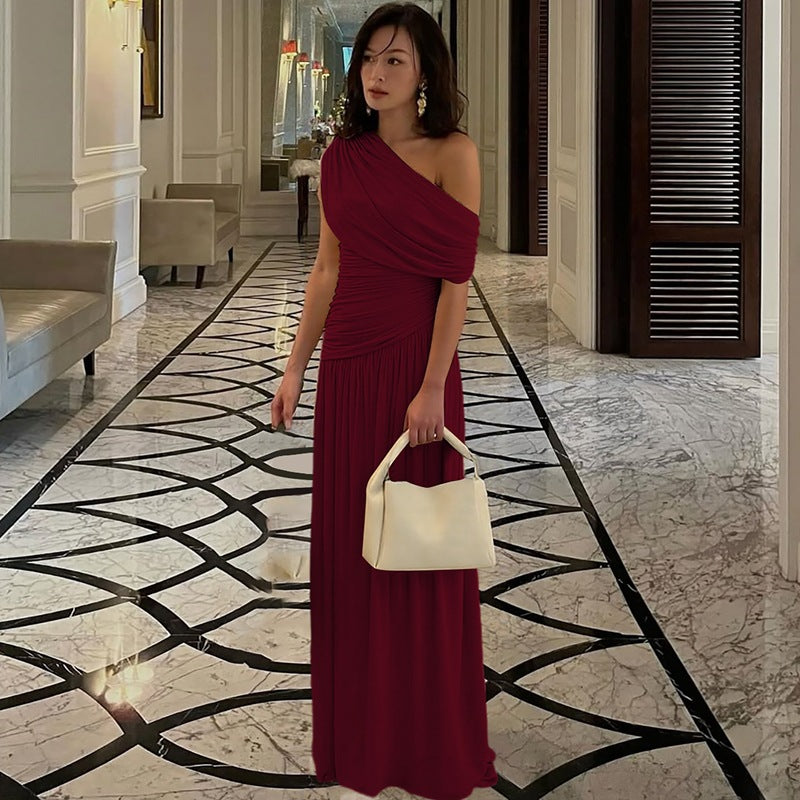 Womens Asymmetrical Neckline Pleated Dress