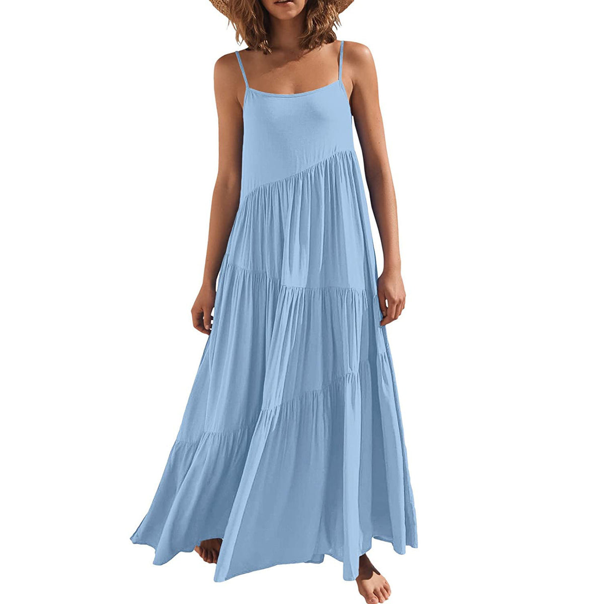 Women's Loose Solid Color Pleated Irregular Beach Strap Maxi Dress