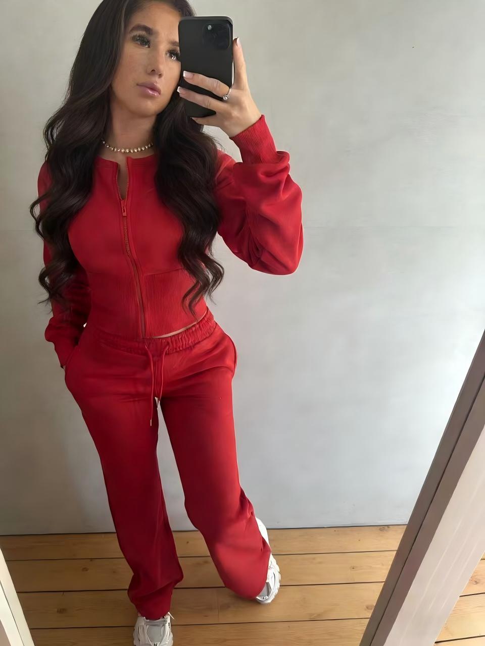 Women's Casual Zipper Hoodie and Straight Pants Set