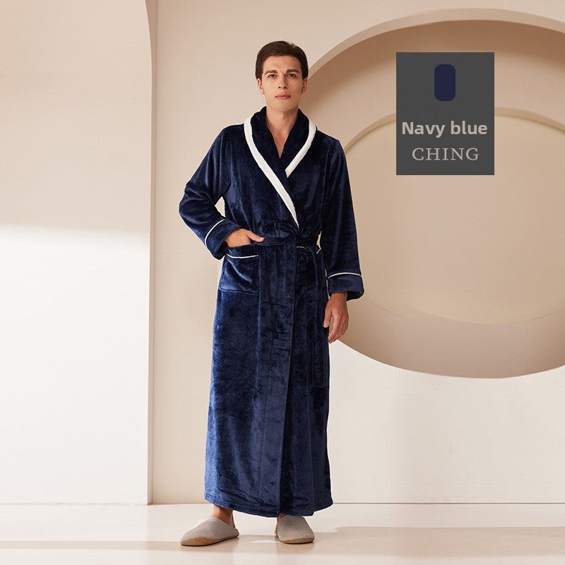 Thickened Long Coral Velvet Flannel Bathrobe for Couples