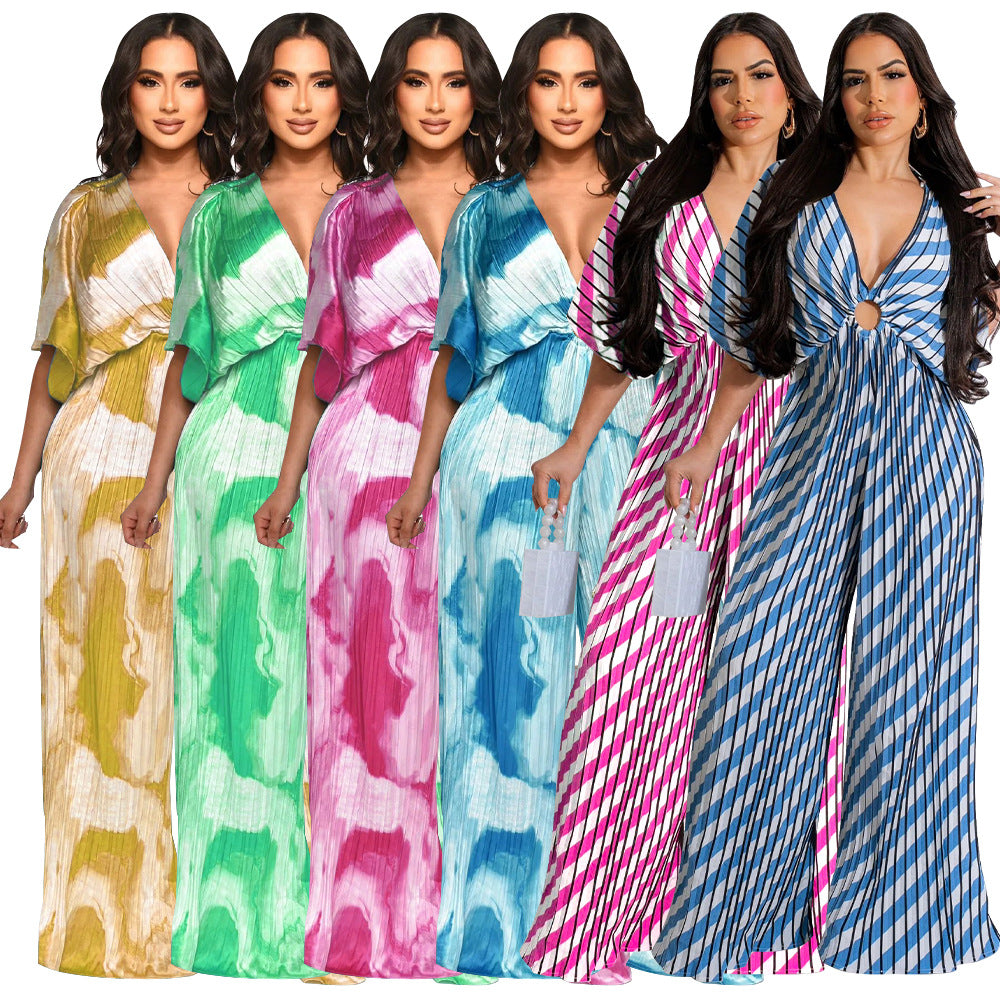 V-Neck Pleated Printed Casual Jumpsuit