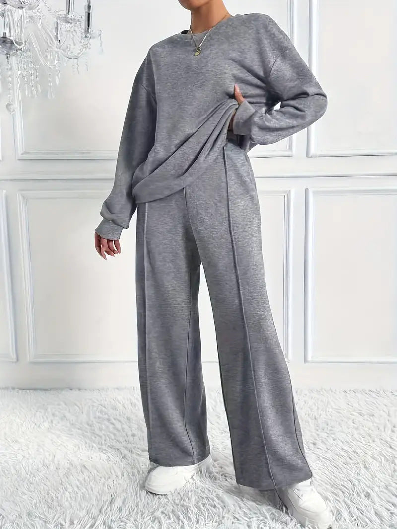 Women's Solid Color Round Neck Long Sleeve Pants Suit Casual Two-Piece Set