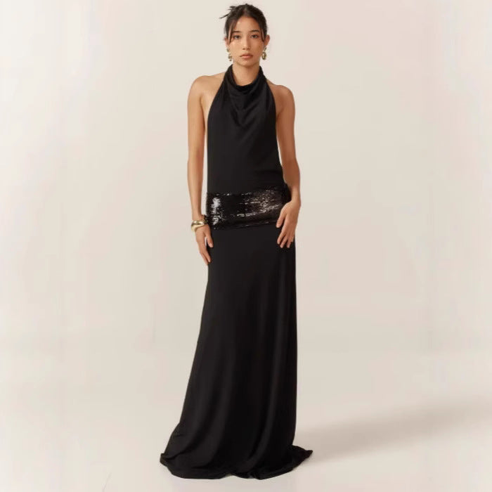 Sexy backless, cinched waist, patchwork sleeveless dress