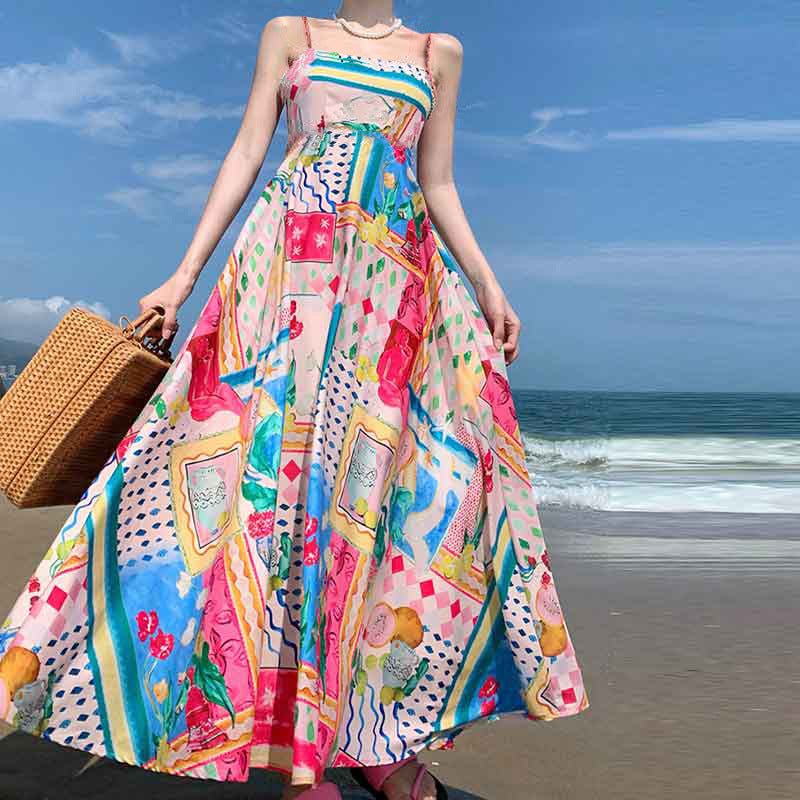 2026 Summer New Style Cross-Border European and American Resort-Style Dress, Elegant Long Printed Strap Dress