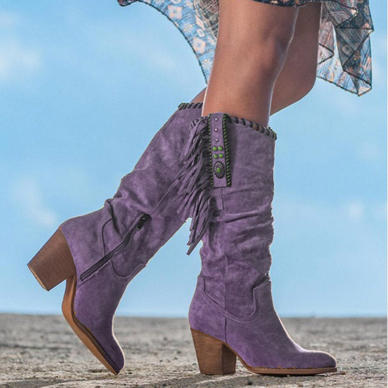Women's high-heeled matte high-tassel boots