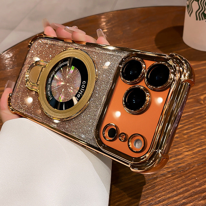 Four-Corner Airbag Phone Case with Magnetic Stand and Glitter Design