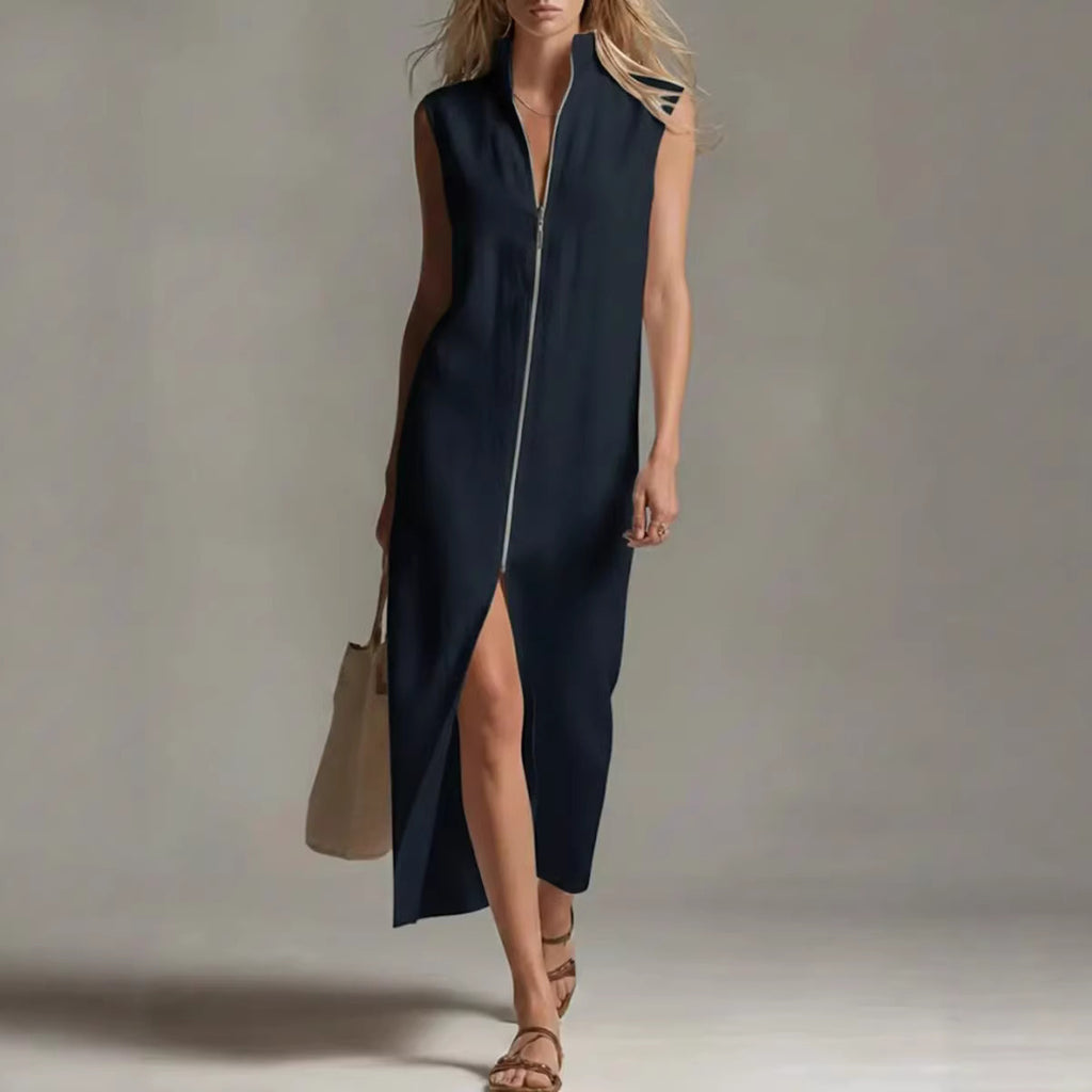 Sleeveless Zip-Up Stand Collar Casual Dress