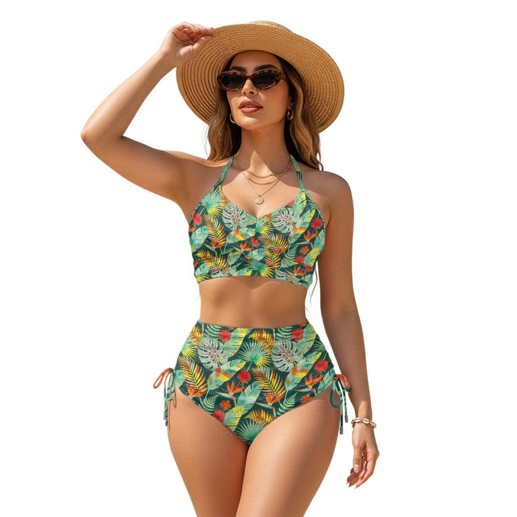 Women Sexy Animal Print High-Waist Drawstring Two-Piece Bikini Swimsuit