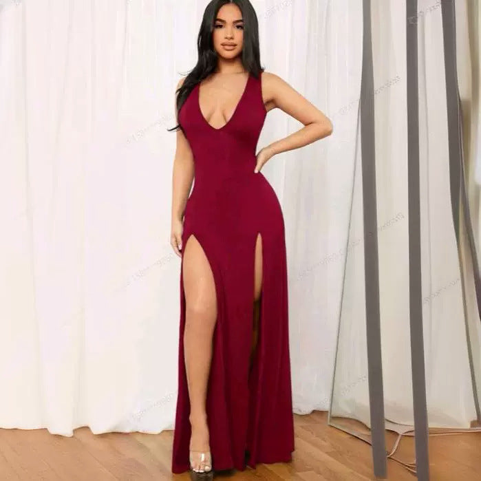 Womens Sexy Deep V Sleeveless Long Slit Dress