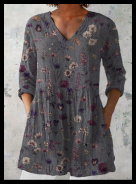 Womens Loose Digital Print V-Neck Short Sleeve T-Shirt
