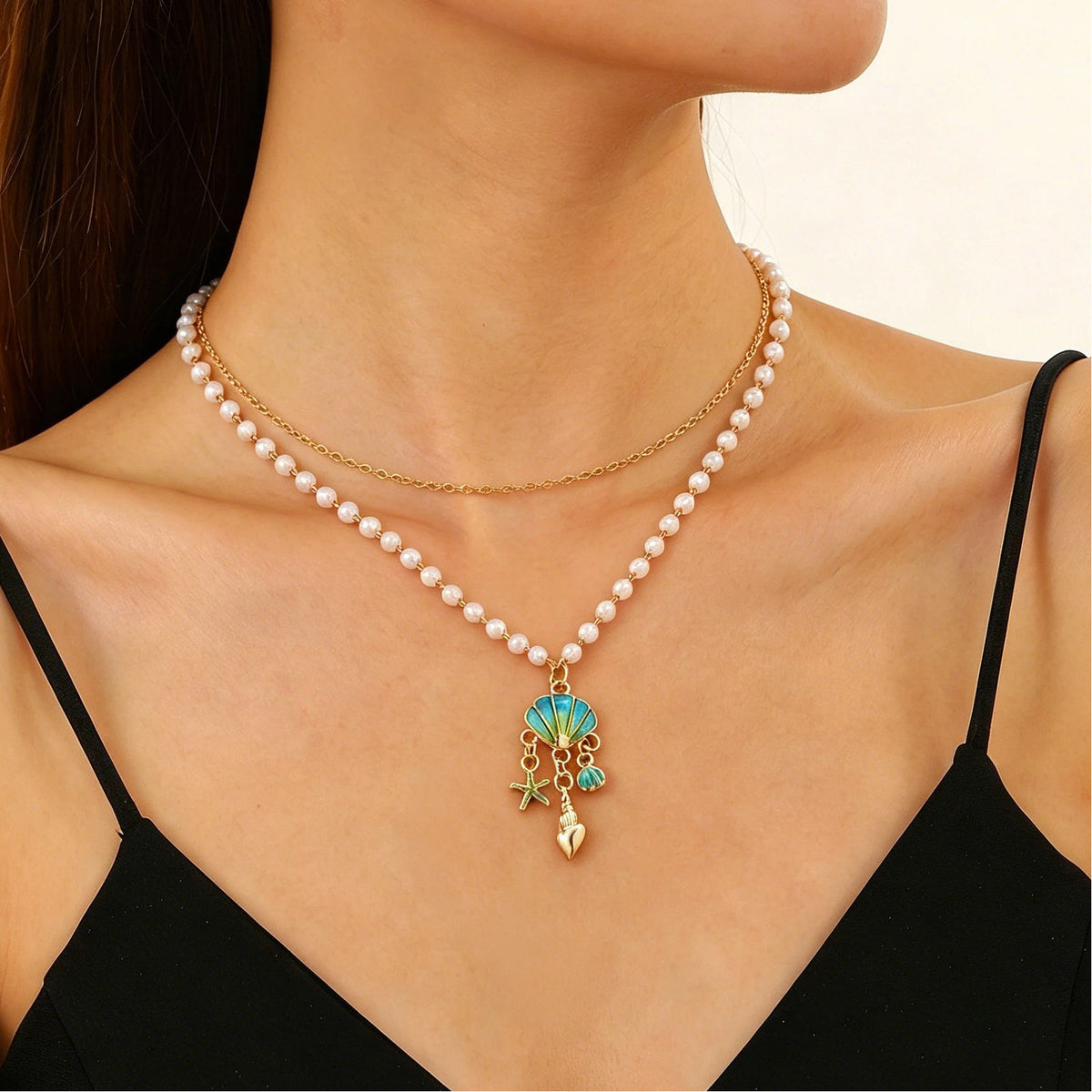 Layered Shell Pearl Starfish Pendant Bohemian Necklace