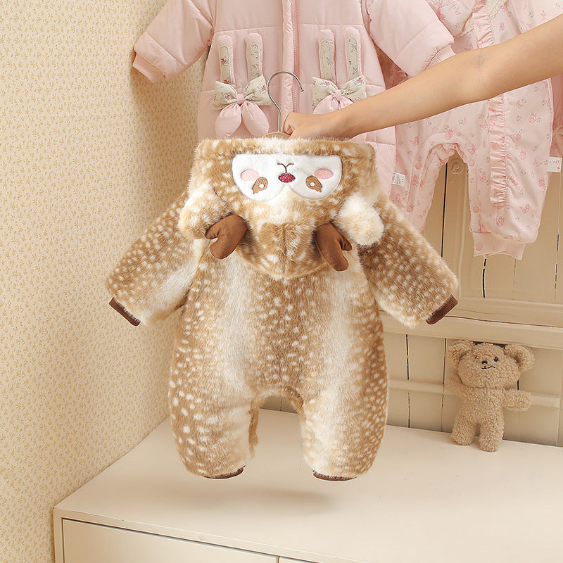 Baby Wool Jumpsuit Winter Cotton Padded Warm Cartoon Reindeer Crawling Suit