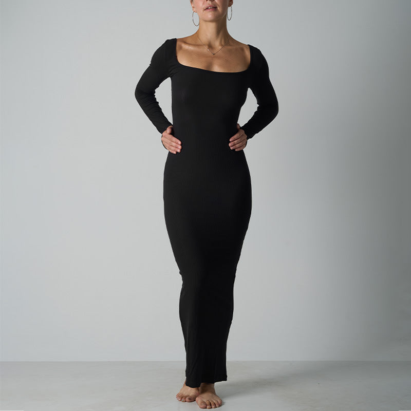Long Dress with Ribbed Waist-Slimming Design and Built-in, Non-Slip Shoulder Straps