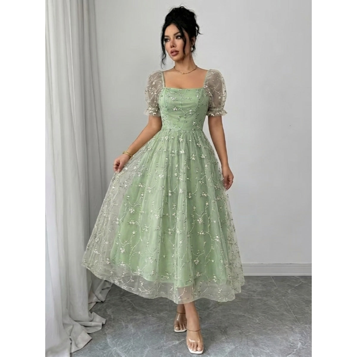 Womens Square Neck Puff Sleeve Embroidered Mesh Midi Dress