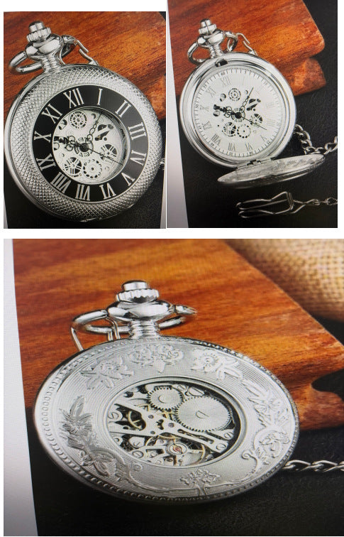 Engraved Mechanical Pocket Watch with Alloy Chain