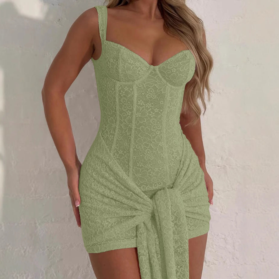Lace V-Neck Waist Stitch Strappy Dress
