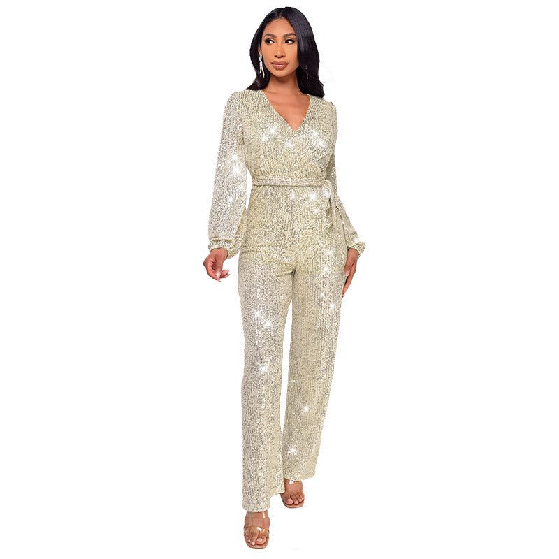 Women's Long Sleeve Deep V Neck Jumpsuit with Sequined Belt