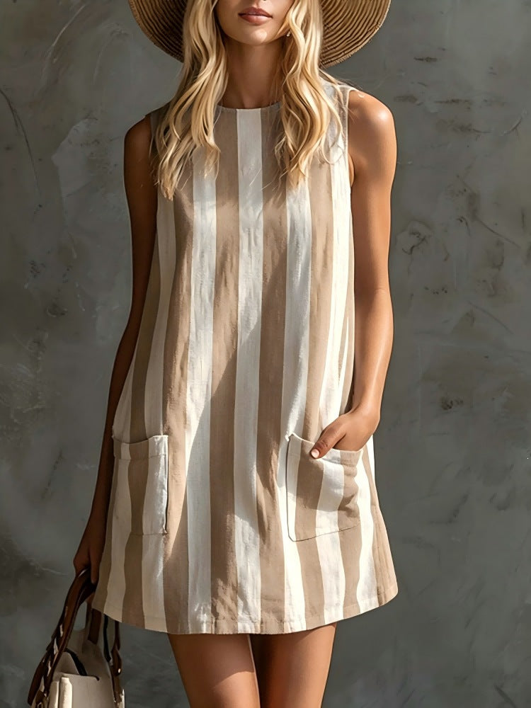 Retro Striped Sleeveless Round Neck Cotton and Linen  Dress