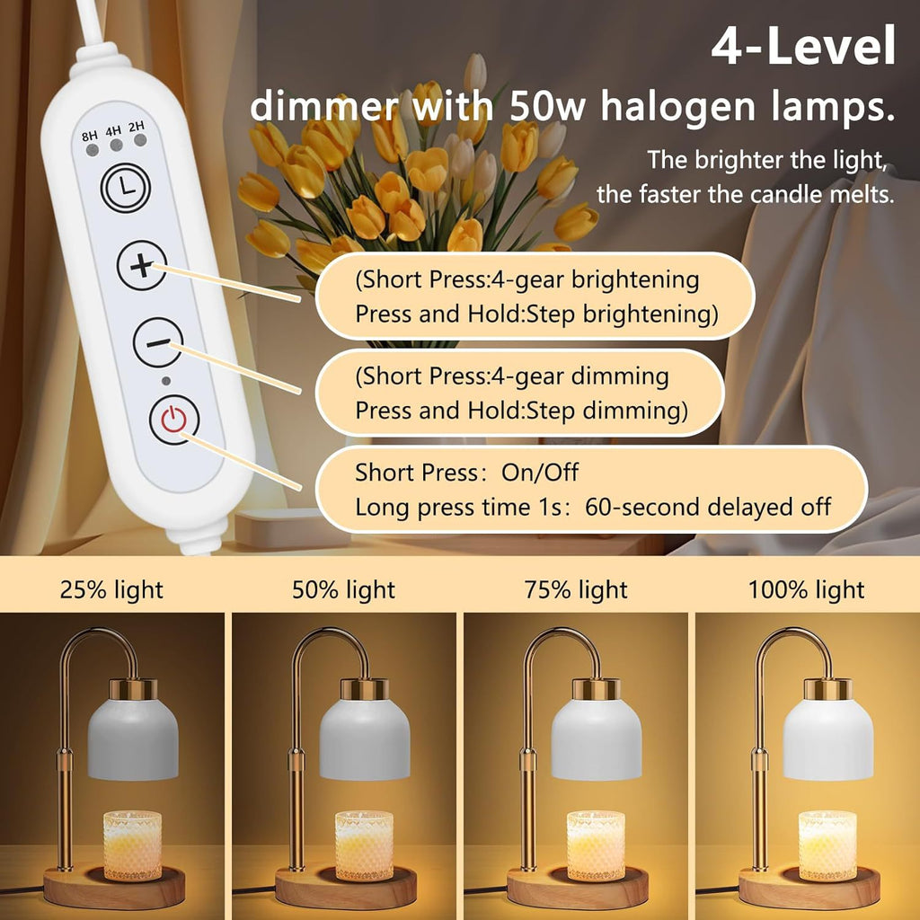 Solid Wood Electric Wax Melt Warmer with Timer and Dimmer, Adjustable Height Aromatherapy Lamp