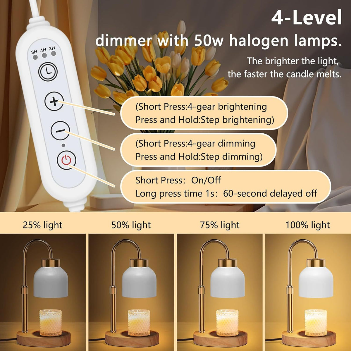 Solid Wood Electric Wax Melt Warmer with Timer and Dimmer, Adjustable Height Aromatherapy Lamp