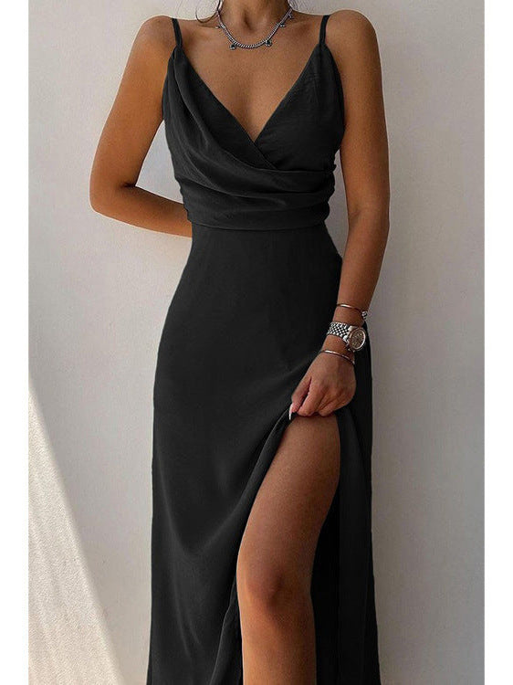 Womens V-Neck Suspender Slit Dress