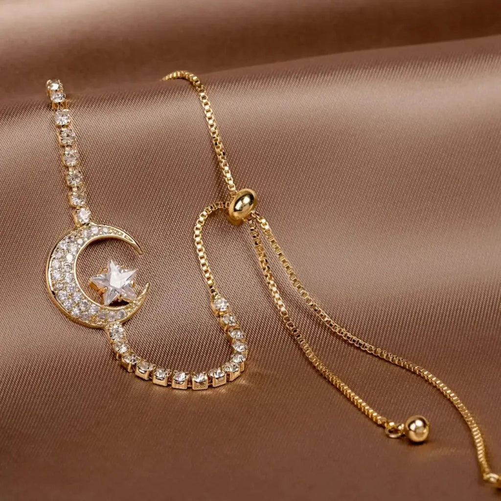 Star and Moon Diamond Pull Adjustable Bracelet