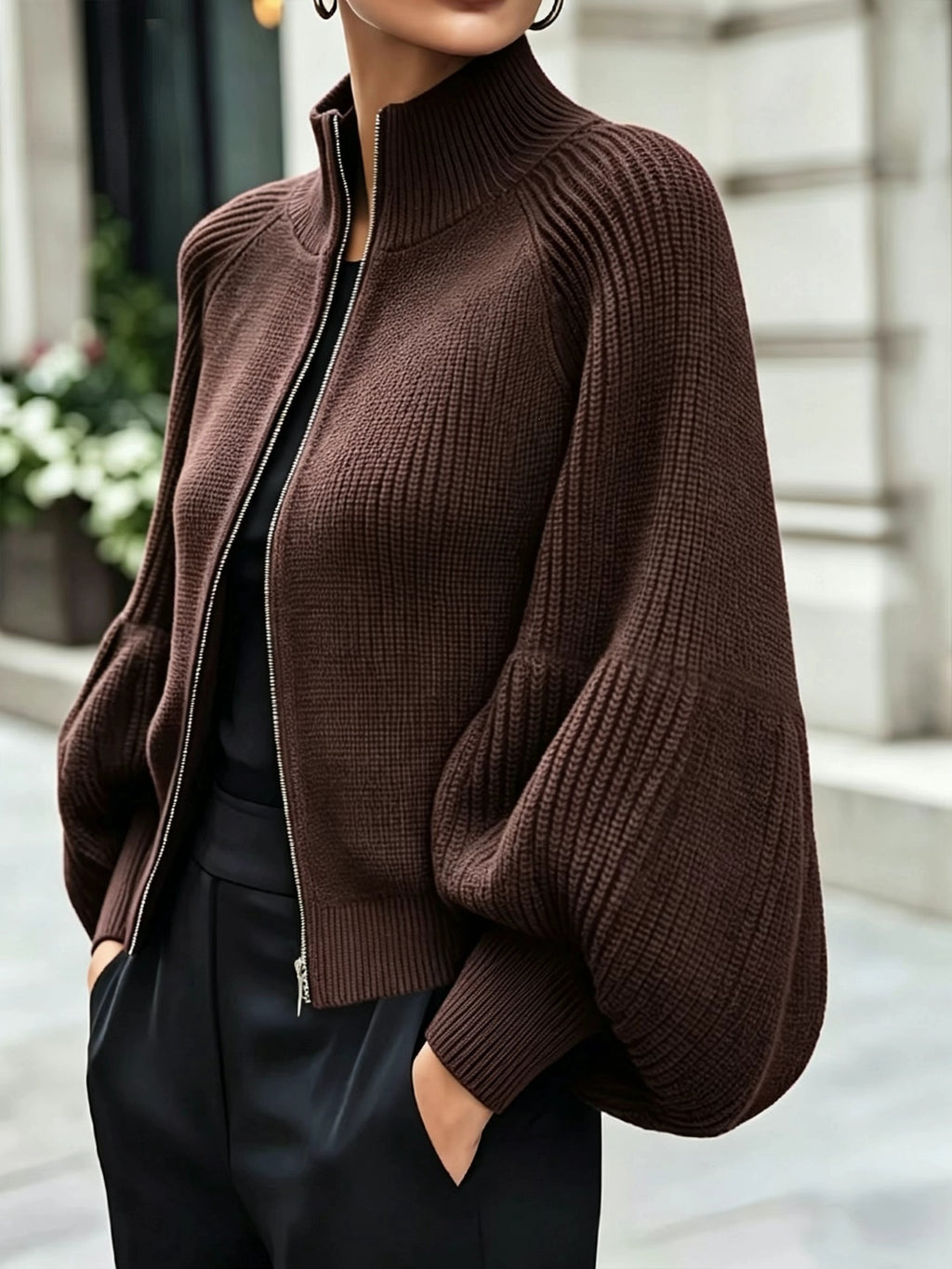Women's Textured Knit Stand Collar Balloon Sleeve Cardigan