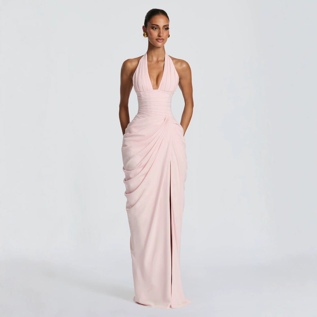 Elegant Pleated Halter Neck Dress