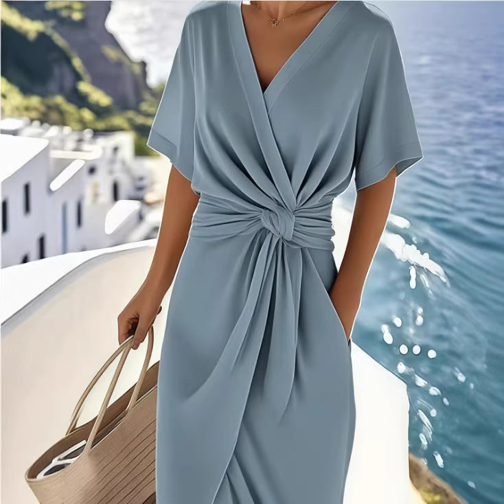Satin Wrap Dress with Side Slit V-Neck